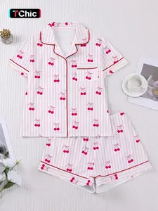 Women's 2-Piece Pajama Set, Striped Cherry Bow Print, Comfortable Short Sleeve Top and Elastic Shorts, Casual Home Wear Loungewear, Romantic Gift