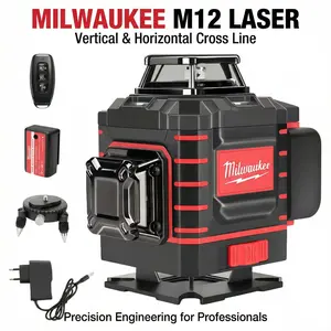Professional Milwaukee M12 12V Cross Line Laser Level for Interior Remodeling and Cabinet Installation features ±0.2mm/10m High Accuracy with Self-Leveling System Compatible with M18/M12 Battery Professional Layout Tool job site charger