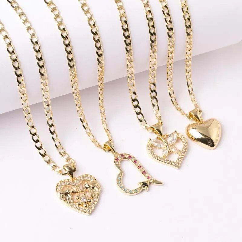 14K Gold Plated 3mm Cuban Link Necklace with Heart Charm Pendant 16” 18” 20” & 22”