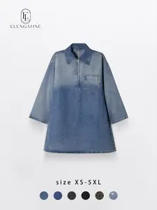 Elengatine Women's Denim Dress Half-Zip Collared Vintage Washed Blue Loose Fit Long Sleeve One Chest Pocket Trendy Casual Top for Daily Wear & Street Style Looks - Chic Autumn and Winter - Womenswear Suitable for all people, sizes range from XS - 5XL