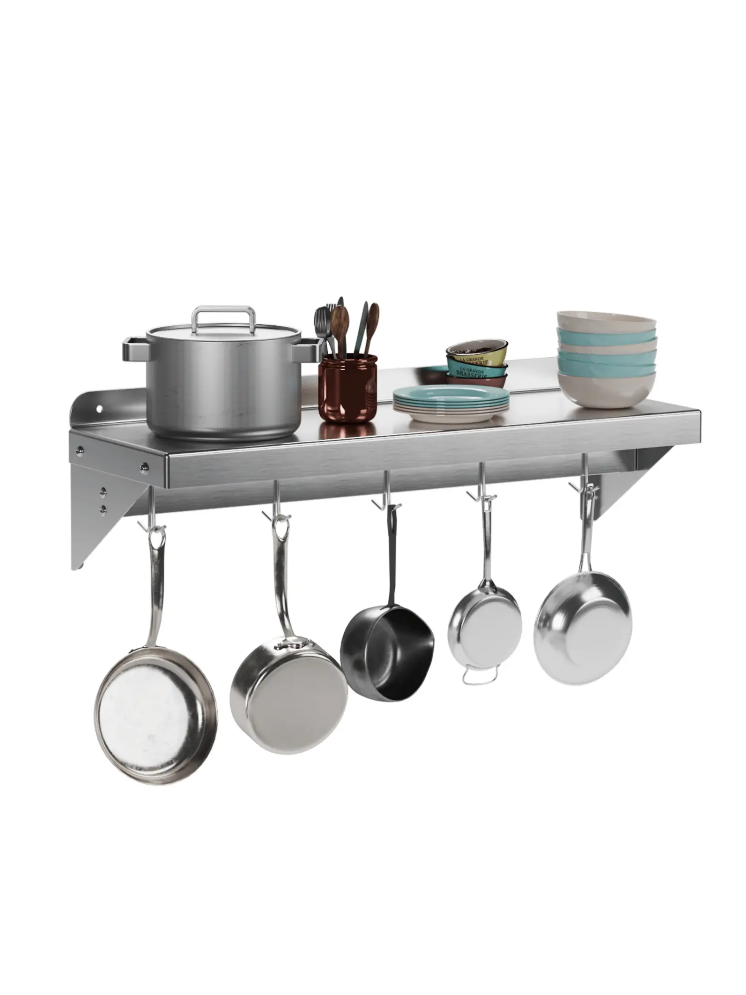 NSF Certified Corrosion-Resistant Stainless Steel Wall-Mount Floating Shelf, 12x24 in Rack with 5 Hooks, 180 Lb Load Capacity, Commercial Kitchen Solution, Practical Home Decor Shelves & Storage System