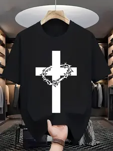Christian Cross Thorns Crown Print T-Shirt, Inspirational Quote Short Sleeve, Casual Fitted Top, Religious Gift for Men