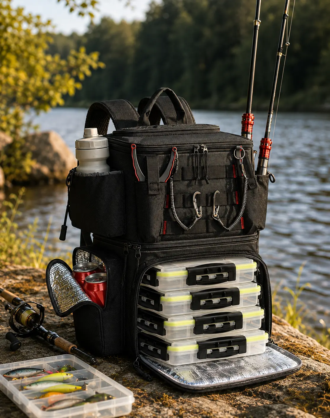 MATEIN Functional Unisex Fishing Backpack, Includes 4 3600 Tackle Boxes, Water-Resistant Fishing Gear Bag with Rod Holder, Cooler Compartment & Compass