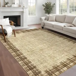 Solid Washable 8x10 Rugs for Living Room Border Plaid Rug Non-Slip Stain-Resistant Rugs Clearance Modern Low-Pile Carpet 8 x 10 Rug for Bedroom Dining Farmhouse Mat with Rubber Back,Tan