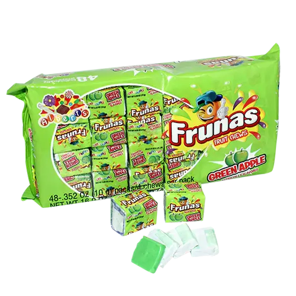 Frunas Fruit Chews Green Apple 48 ct. - Sweet Soft and Chewy Taffy with Green Apple Flavor - 48 Count Pack Candy Snack Bite Bonbon