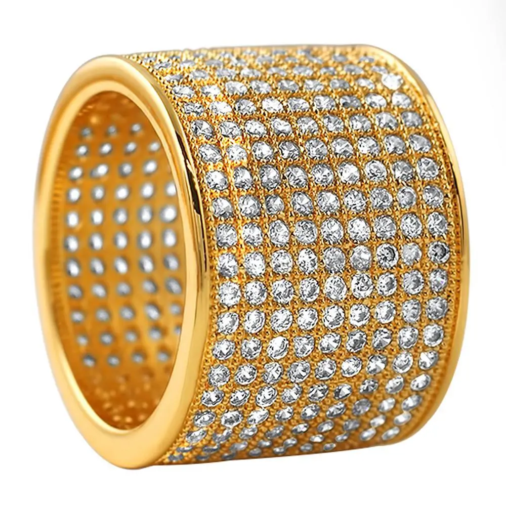 Gold-Tone Wide Band Cluster Ring with 9-Row Pave Set Rhinestones, Hip Hop Style 360 Eternity Band, Statement Multi Ring, Cluster Rings