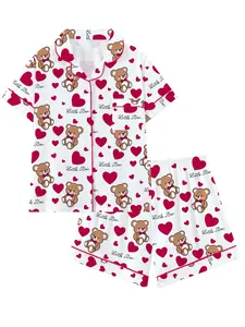 Teen  Cute Heart Bear Collar Short Sleeve Pajama Set, Comfortable Sleepwear, Party Style, Loose-Fitting, All Seasons