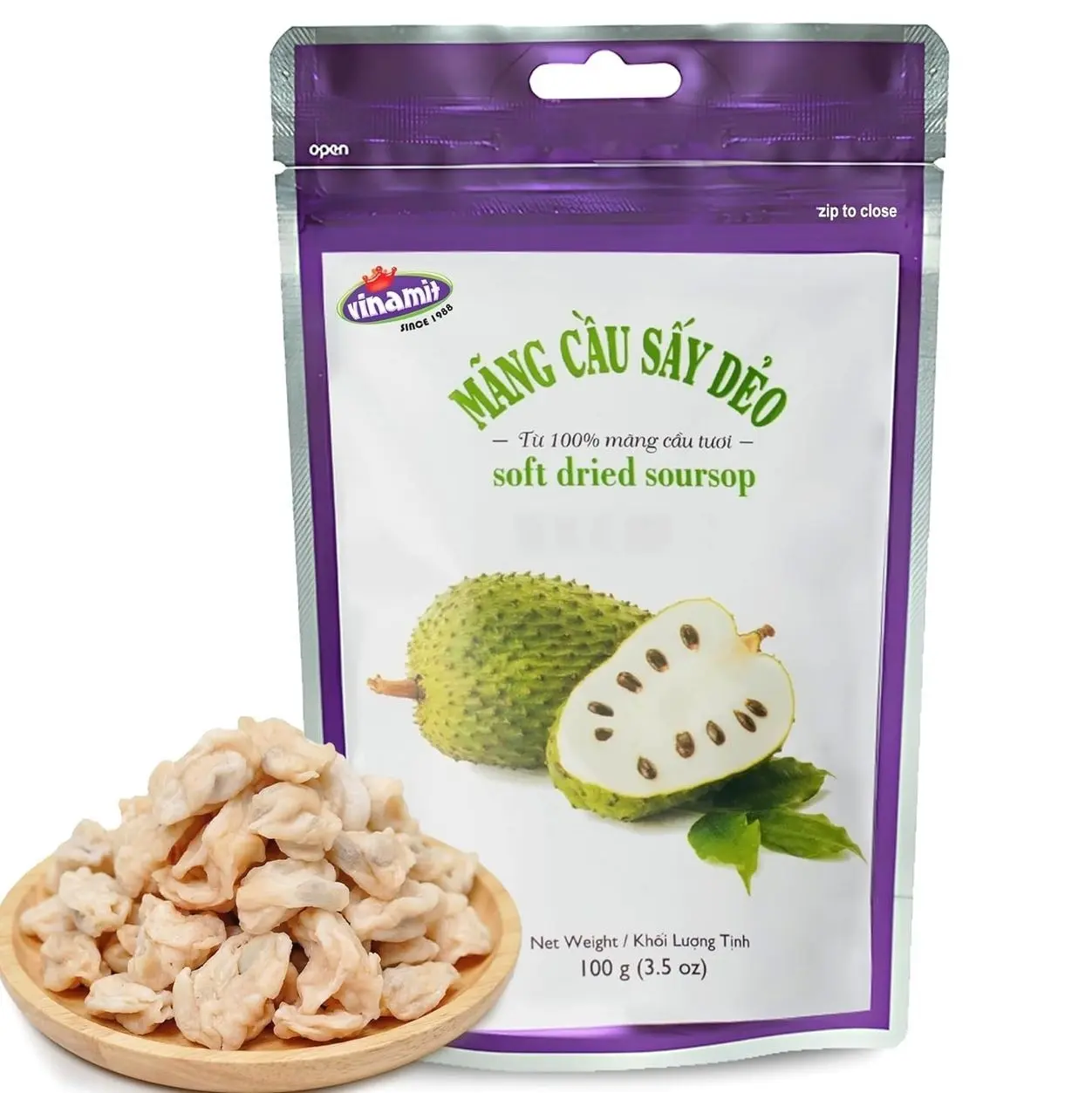 Vinamit Soft Dried Soursop | Soursop Fruit 3.5 oz bag | Natural Tropical Fruit Snack | Vegan, Gluten-Free, Non-GMO | High in Fiber, Ideal for Travel & Clean Eating