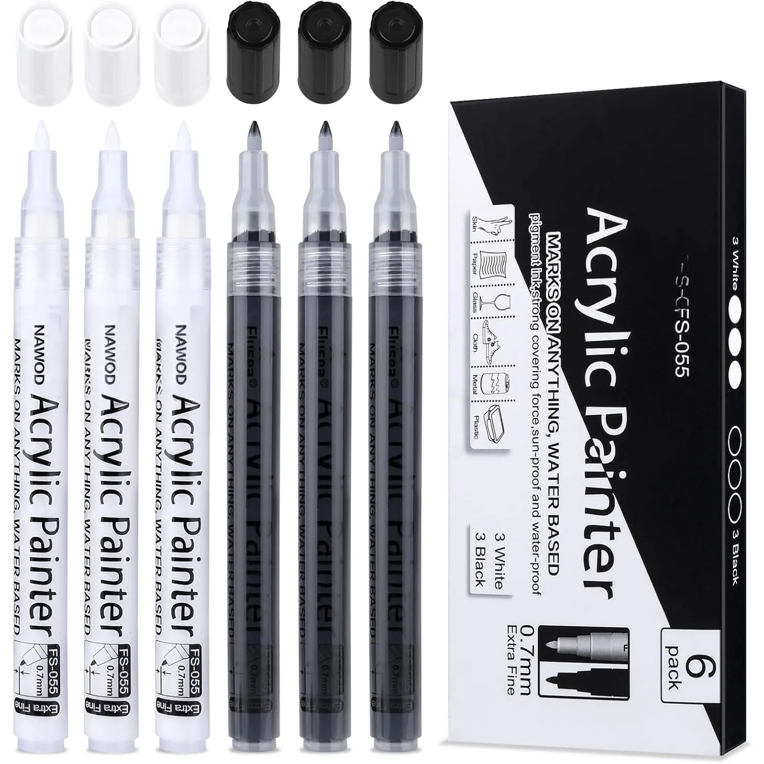 Pens White Black  Marker 6 Pack,  Permanent Marker, White  Pens for Rock Ceramic Wooden Leather Glass Painting Metal Tire, 0.7mm Extra Fine Point Quick Drying