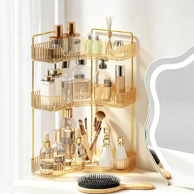 3-Tier Thickened ABS Bathroom Organizer - Home Supply with Makeup Organizer, Perfume Tray Ready, Cosmetic Skincare Shelf, Compartments, Gold Steel Holders, Sturdy Large-Capacity Design for Bathroom Counter, Dresser (Thickened ABS Tray Feels Sturdy Daily)