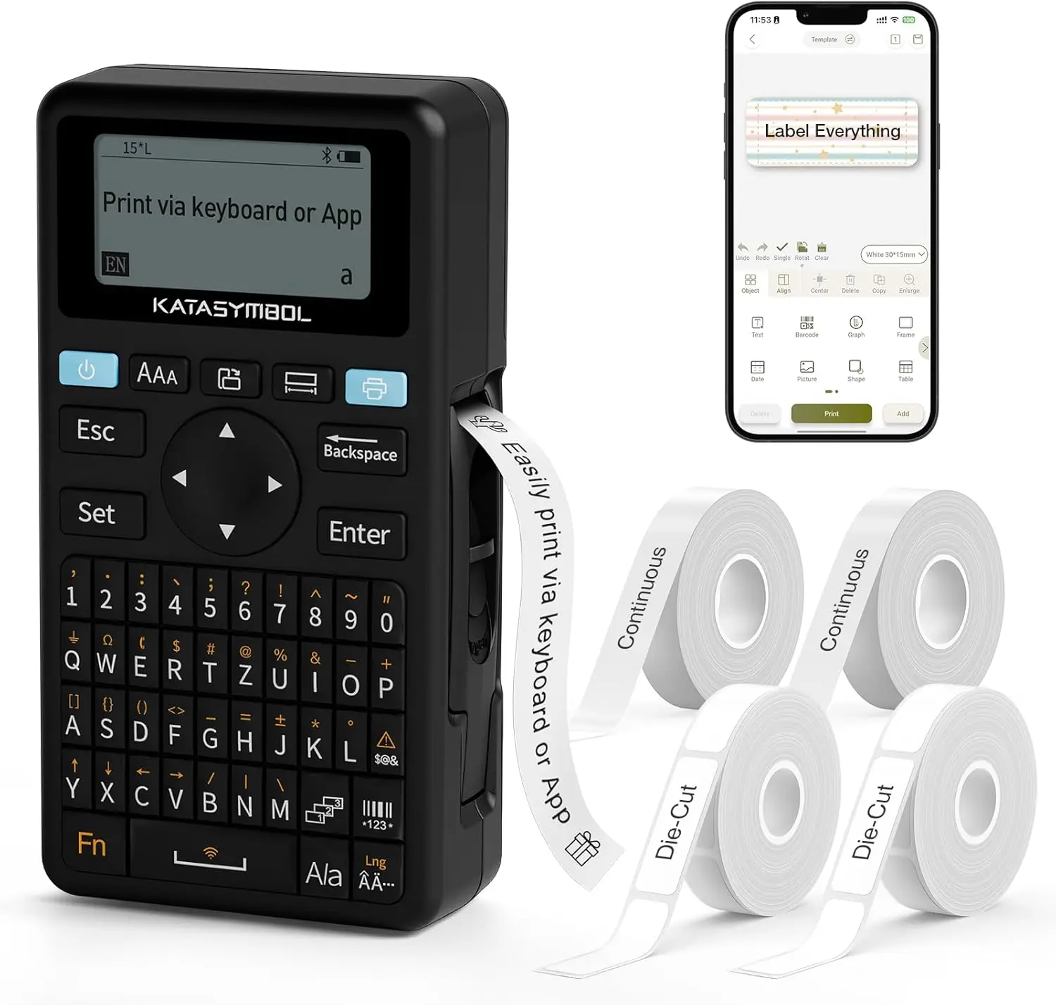 Bluetooth Label Maker Machine with 4 Tapes, Support Keyboard & App with 30+ Fonts and 660+ Icons, Rechargeable Inkless Labeler for Home, Kitchen, Office, School, Organization, Black