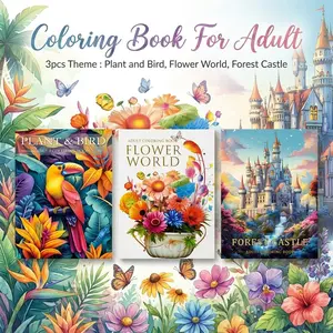 Adult Coloring Books Set of Three Saddle Stitch Binding Double-Sided Coloring Books with 96 Watercolor Floral Designs Featuring Bottle Flowers Botanical Birds Perfect Gift for Adults, Art Materials, Relaxation, Stress Relief and Creativity