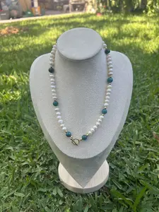Freshwater pearl necklace with blue agate, gold filled spacers and toggle clasp.