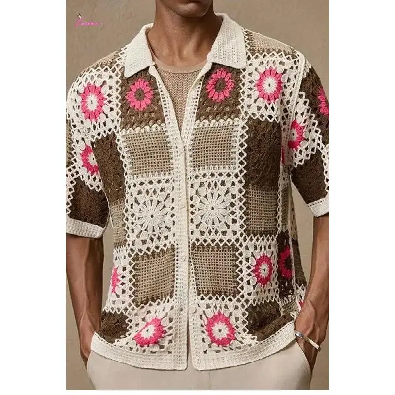Brown Patchwork Crochet Open-Knit Shirt