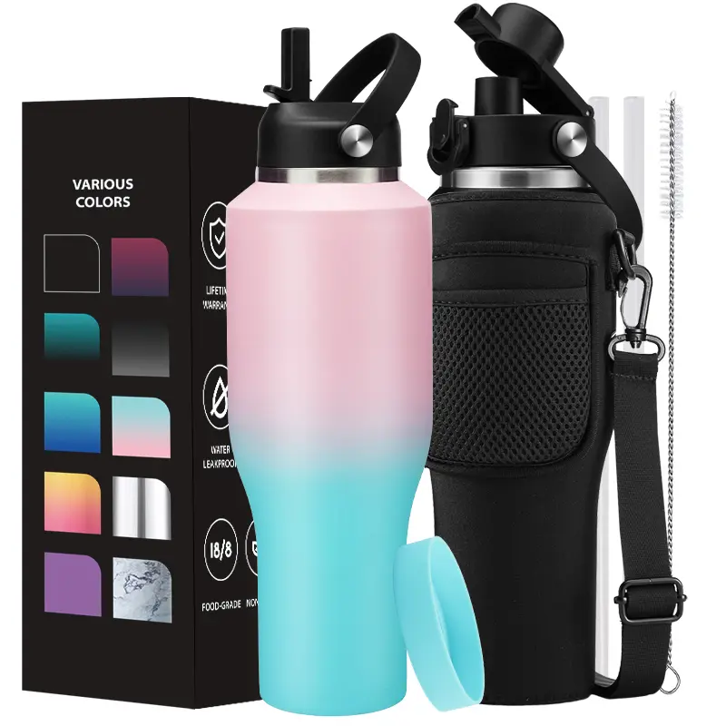 40oz Insulated Water Bottle with Straw - 32 40oz Stainless Steel Tumbler with Top Handle, Straw Lid, Pop-up Lid & Waterbottle Sling, Iced Coffee Cup Travel Mugs Insulated for Hot 24h and Cold 48h