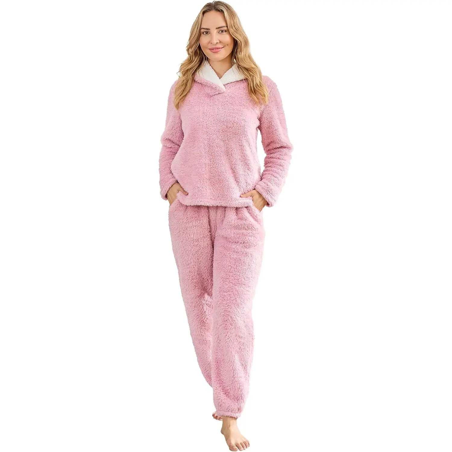 Women's Long-Sleeve Fuzzy Fleece Pajama Set - Plain, Casual, Warm Soft Cozy Winter Nightwear with Pyjama Bottoms, Dark Grey Loungewear Homewear