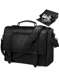 Men's Messenger Bag Strap 15.6 Inch Leather Laptop Case Vintage Waterproof Briefcase Business Computer Document Holder Office Use