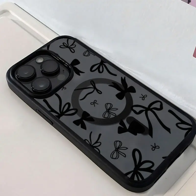 Black Ribbon Bow Pattern Phone Case， Elegant Minimalist Style for iPhone 17 16 15 14 13 12 11 Plus Pro Max Gift.