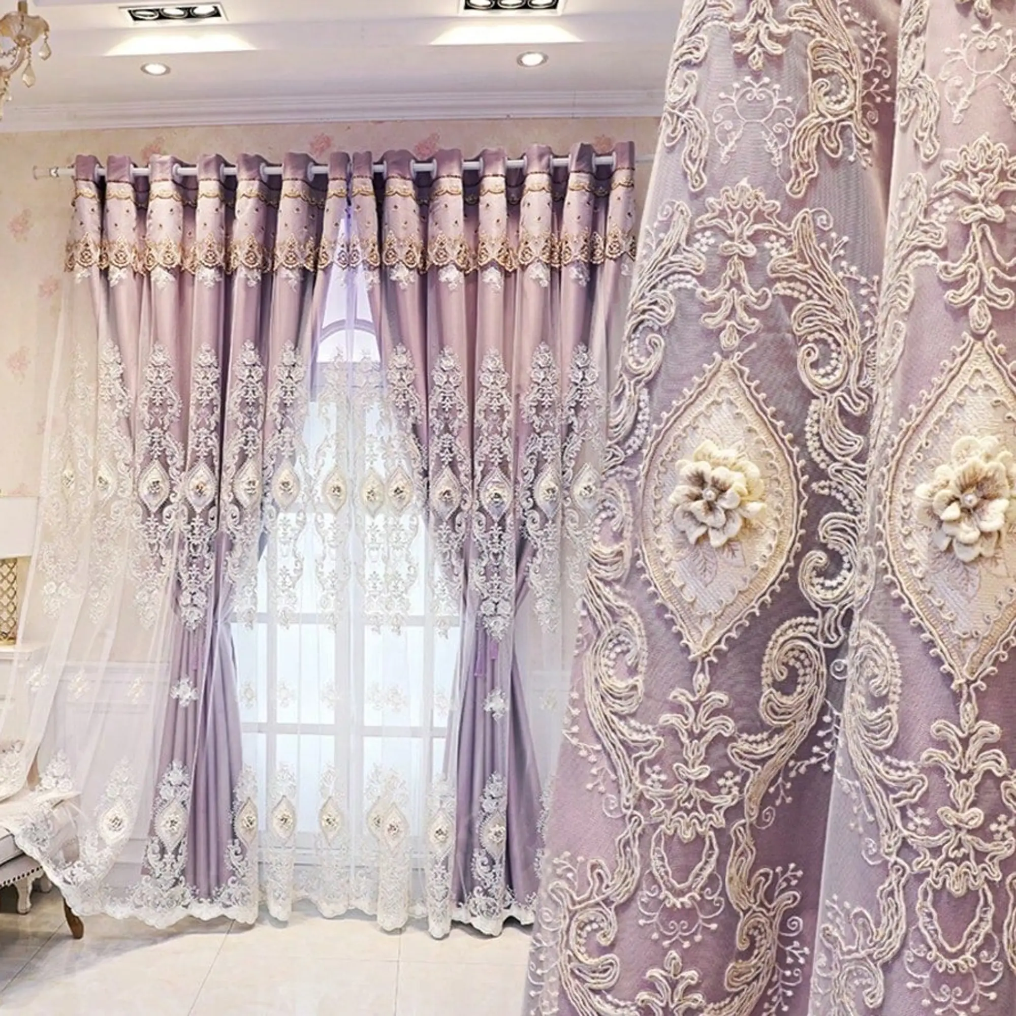 European Style Blackout with 3D Embroidered Floral Design, Home Decoration Window Curtain, Minimalist Drapes for Bedroom & Living Room, Embroidered Curtains, Home Decorative Curtain