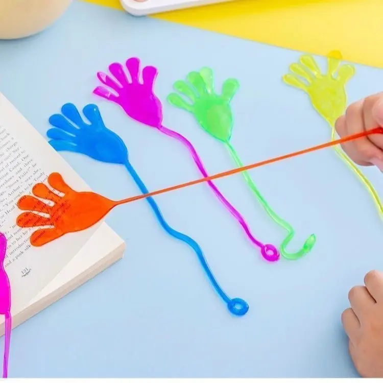 Classic Hand Shape Sticky Palm Fidget Toys 4 Pack (Random Colors, May Repeat) - Elastic Sticky Hands for Family Game Night, Classroom Prizes & Party Favor Goodie Bag Fillers
