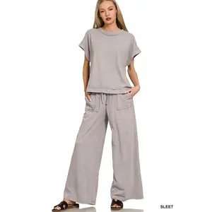 Zenana Washed Slub Short Sleeve Tee & Long Pants Set