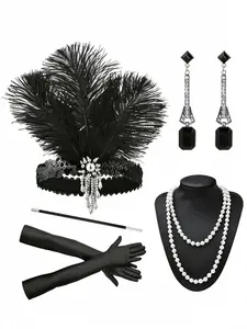 Women's Vintage Party Accessory Set, Headpiece Imitation Pearl Necklace Earrings Long Gloves, Perfect for Afternoon Tea Ballroom Photography