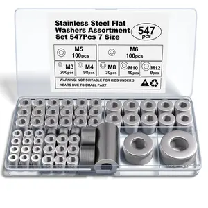 Stainless Steel Flat Washers Assortment, 18-8 (304) Stainless Steel Metric Washers, 547- Set (M3, M4, M5, M6, M8, M10, M12) with Plastic Storage Case