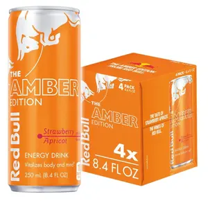 Amber Edition Energy Drink, Strawberry Apricot, with 80mg Caffeine plus Taurine & B Vitamins, 8.4 Fl Oz, Pack of 4 Cans