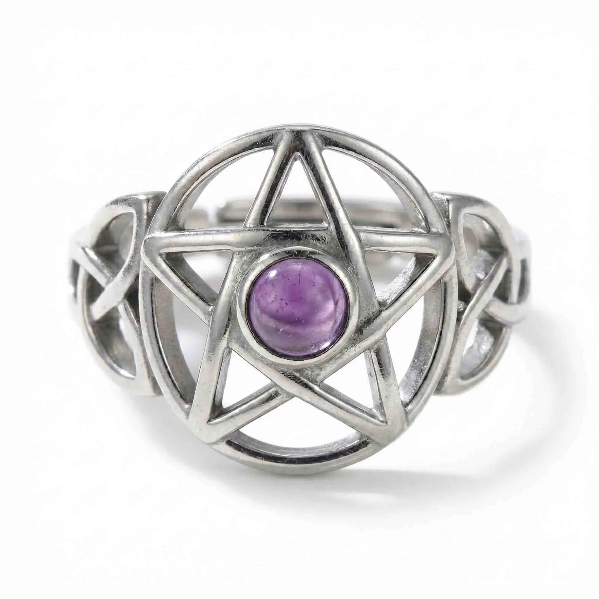 Unisex Amethyst Pentagram Adjustable Ring - Sterling Silver Wiccan Crystal Jewelry for Adults, One Size