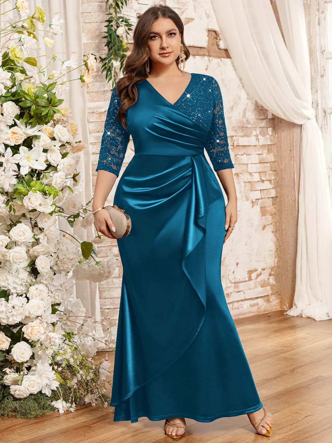 MISSMAY P54528A Plus V-Neck Sequin Floral Lace Contrast Ruched Ruffle Trim Satin Mermaid Hem Evening Party Dress, formal wear, Formal Gown, Winter Dress, Valentine Day Dress, For Wedding Guest, Graduation, Dinner