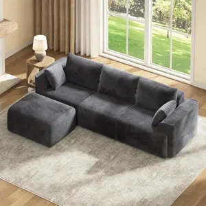 SIKAIC 108" Comfy Corduroy Modular Sectional Sofa, L-Shaped Boneless Couch with Reversible Chaise, Deep Seat, High-Resilience Foam, No Assembly Required for Living Room, Grey, Comfy Corduroy Sofa