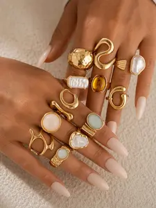 12 Pcs Women's Fashion Stackable Rings, Vintage Chunky Boho Amber Color Artificial Gemstone, Casual Party Gift Set, Statement Piece