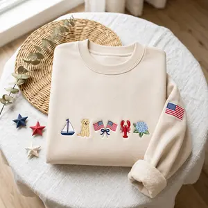[MADE IN US] Embroidered Custom Summer Quarter Zip Sweatshirt, July 4th USA Shirt, Patriotic East Coast Crewneck, Patriotic Girly Gift