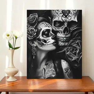 Print Painting, 2D Black and White Sugar Skull Couple Interesting Creative Canvas Painting Wall Decoration, Home Bedroom Kitchen Living Room Bathroom, Hotel Cafe Office Toilet Room Artwork Canvas Wall Art Poster, Modern Floral Paintings