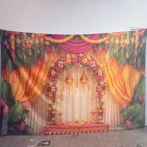 2D Flat 1PC Polyester Traditional Indian Wedding Mandap Backdrop Banner, Golden Purple Drape Floral Garland Religious Altar Decoration, Indoor Outdoor Use, Ideal For South Indian Wedding Ceremony, Diwali Festival Ritual, Ethnic Welcome Background,