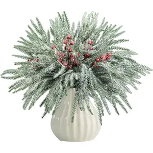 60 Christmas Snow Norfolk Pine Branches with Berries Stems, Artificial Christmas Tree Needles, Matte Norfolk Pine Stems Home Decor, Dining Table Centerpiece