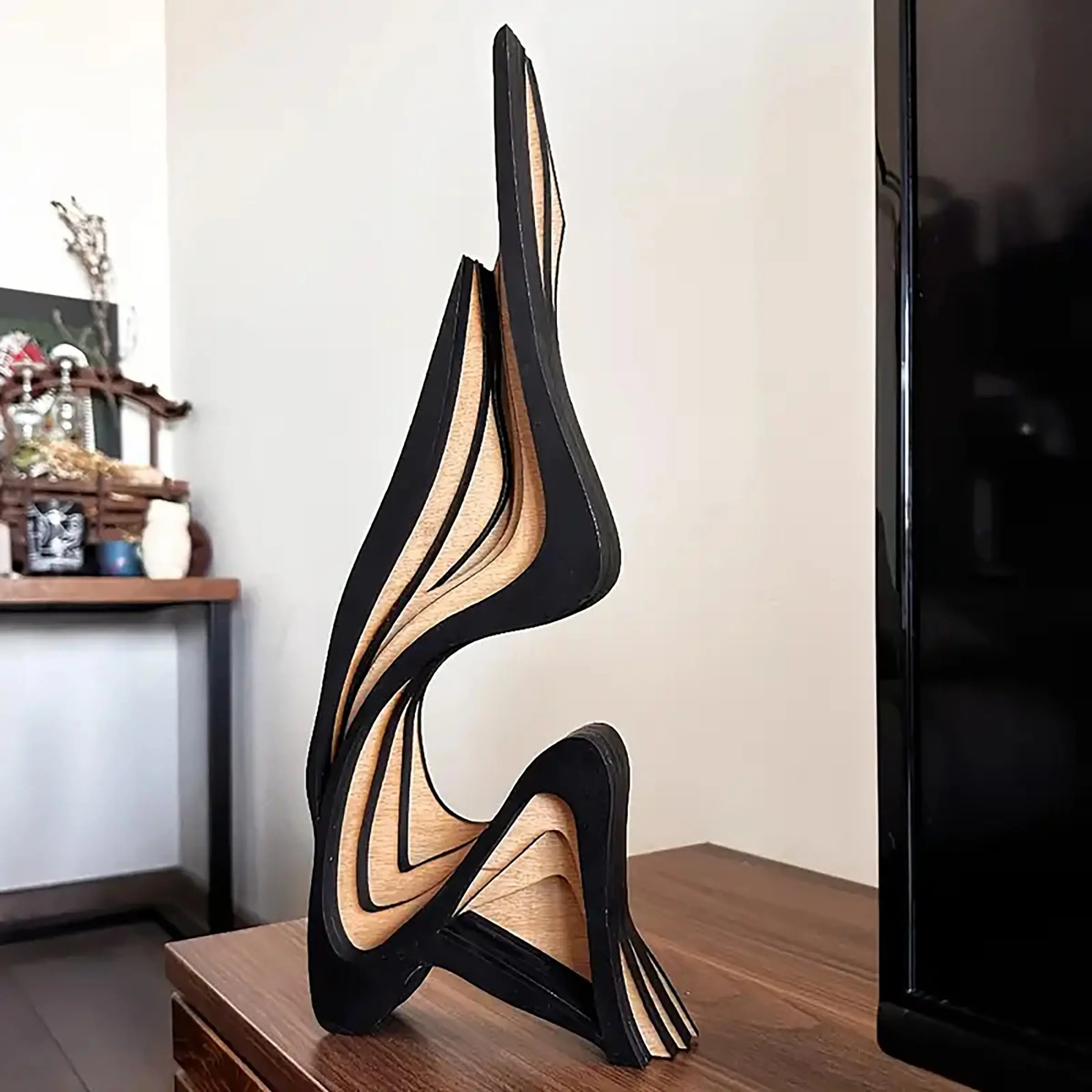 Wooden Sculpture Art Decorative Figurine, Artistic Minimalist Irregular Shape Home Decoration, Living Room Ornaments, Unique Curved Wood Carving Ornament, Statue, Interior Ornaments