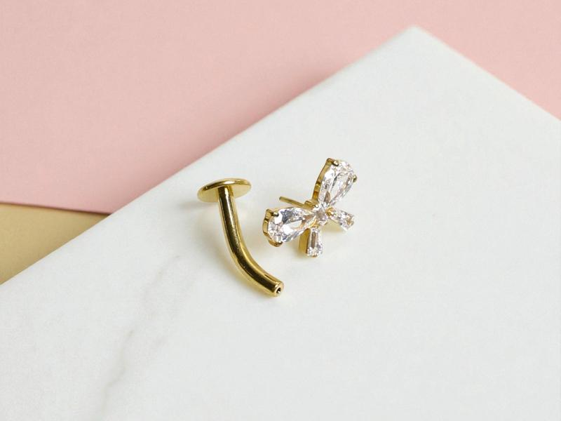 Bow Belly Button Ring Gorgeous Cz Gem Decor Gold Silver Threadless Push Pin Piercing Jewelry for Women