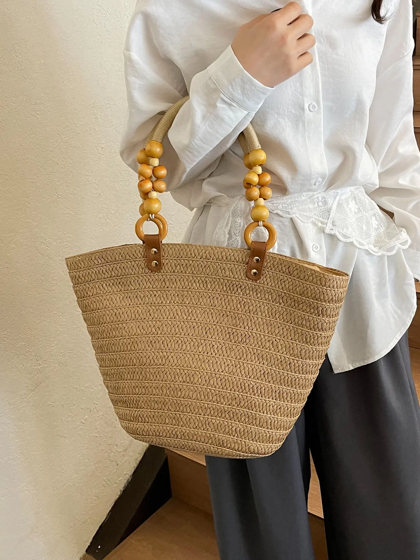 Wooden Beaded Straw Tote Bag, Summer Versatile Large Capacity Commute Beach Bag, Boho Style Women's Handbag, Fashionable and Practical