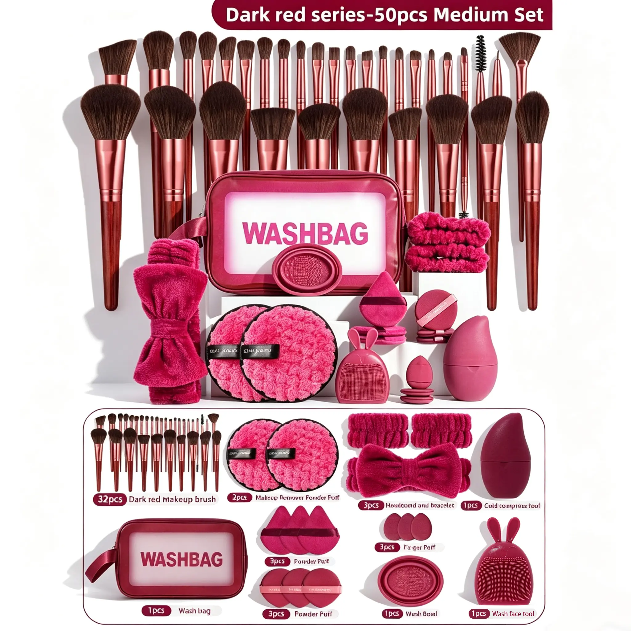 Premium Dark Red Medium Synthetic Fibers On-The-Go Makeup Brushes Set & Kits, Multi-Type Puffs, Plush Bow Hairband, Wristbands, Silicone Wash Basin, Face & Cold Compress Tools, Transparent Washbag For Daily Full Face & Travel Use