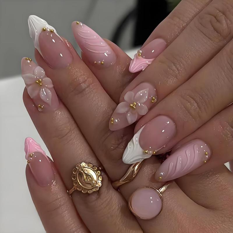 3D Pink Press on Nails Almond - Medium French Tip Fake Nails with Embossed Flower&Gold Bead Designs, Glossy Finish Reusable False Nails with Glue Tabs - 24Pcs Nail Kit for Women Manicure