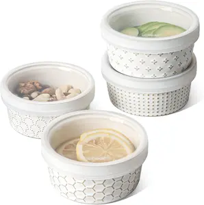 Ramekins with Lids - Set of 4, 8 oz Ceramic Containers ideal for Crème Brûlée, Soufflé, and Dipping Sauces. Perfect for leftovers, measuring 4.4 inches in Arctic White.