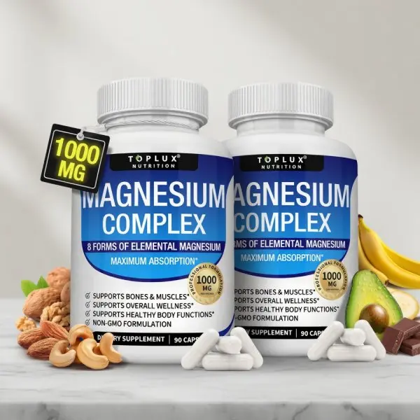 Magnesium Complex Supplement 8 Elemental 1000mg with Glycinate Citrate Malate Taurate and Chelated Magnesium for Muscle Recovery Energy and Bone Support 90 Capsules