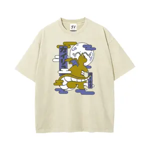 Men's Retro Cotton Short-Sleeve Round Neck Stretch Top - Ukiyo-e Dragonite Graphic, Washed, Vintage Distressed, Oversized Loose Fit, Unisex Anime Streetwear Pocket Tee world tshirts