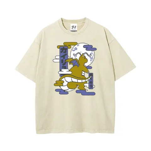 Men's Vintage Graphic T-Shirt with Ukiyo-e Dragonite Print, Soft Washed Cotton, Oversized Anime Streetwear Top, Tshirt, Mens Clothing