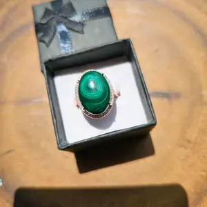 Malachite stone ring, rose gold color, dimond zirconia, all sizes