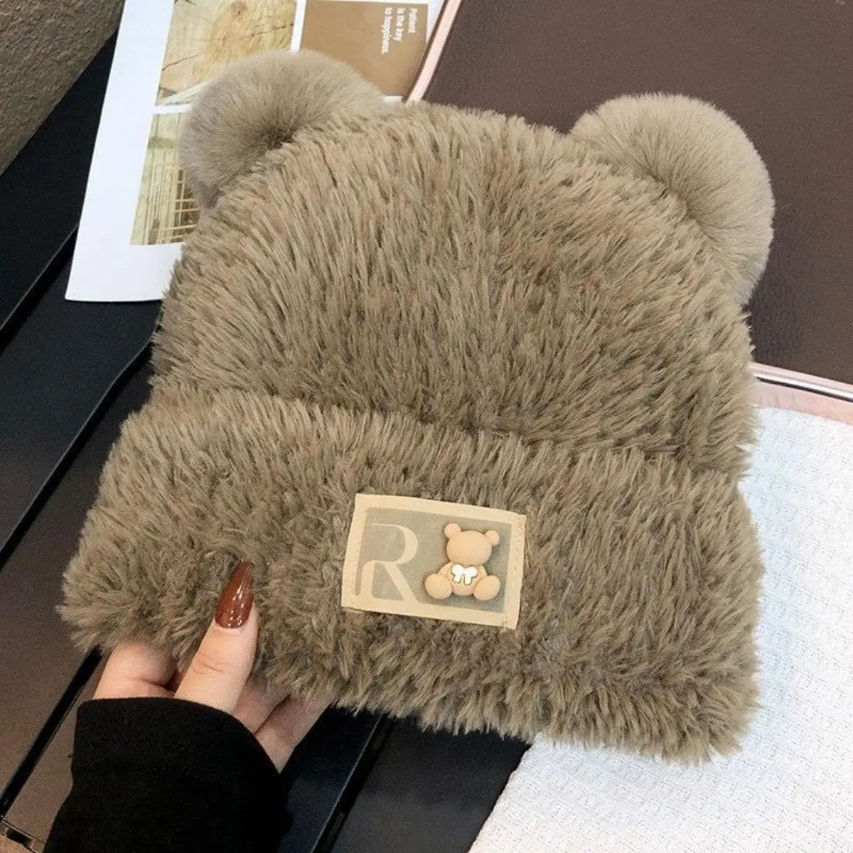 Plush Ear Thermal Knit Beanie - 3D Furry Design, Double-Layer Fleece, 1 Size Fits All, Casual Warm Winter Fashion Accessory for Cold Days, Plush Ear Hats