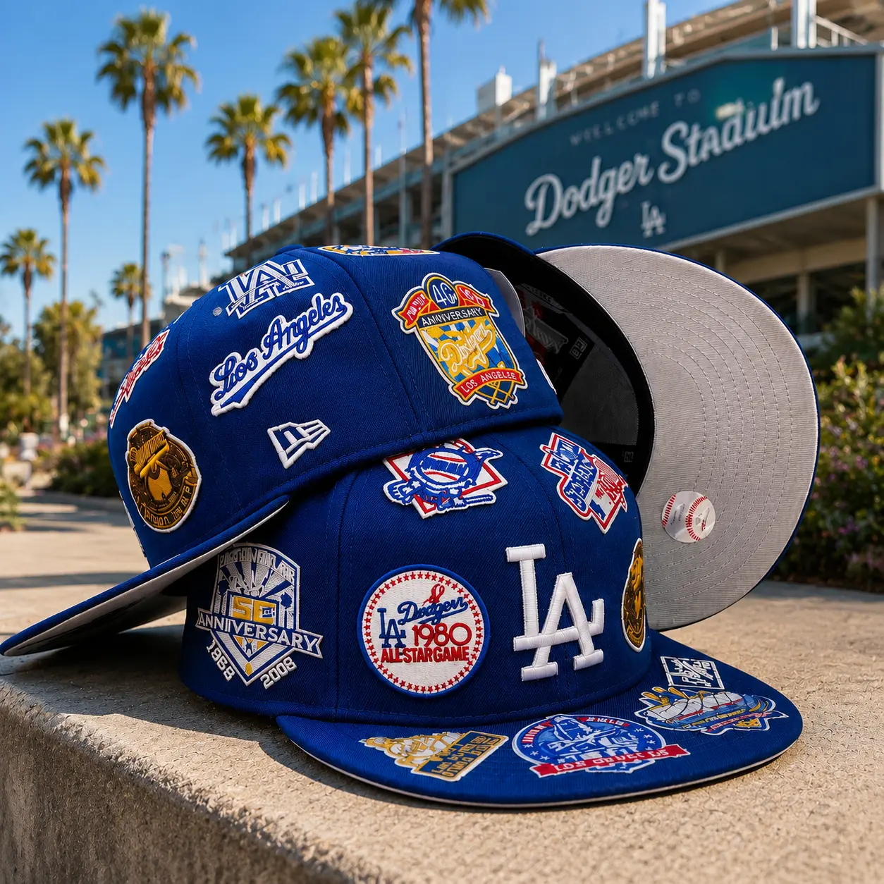 Los Angeles Blue Baseball Fitted Cap – All Over Patch Embroidery Flat Brim Streetwear Hat