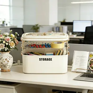 Multi-layer Stackable Desktop Storage Box, Transparent Drawer-style Storage Box, Office Stationery Organizer with Lid, Plastic Cosmetic and Jewelry Storage Box, Cream White.