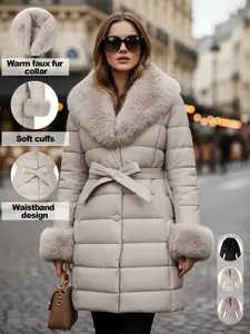 Women's Casual Outdoor Commuter Jacket with Faux Fur Collar, Warm Fashionable Leisure Wear, Includes Belt, Fall & Winter Thick Woven Fabric